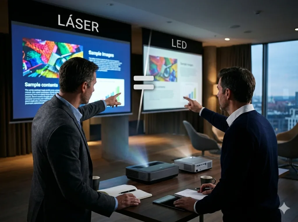 Comparativa de rendimiento y brillo entre proyector láser vs led para soluciones audiovisuales profesionales de Converger IT.