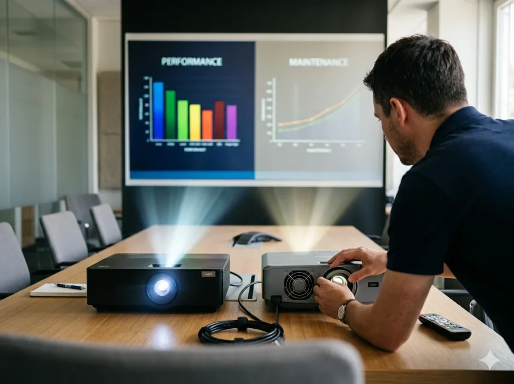 Comparativa de eficiencia operativa entre proyector láser vs lámpara para instalaciones corporativas y educativas en Converger IT.
